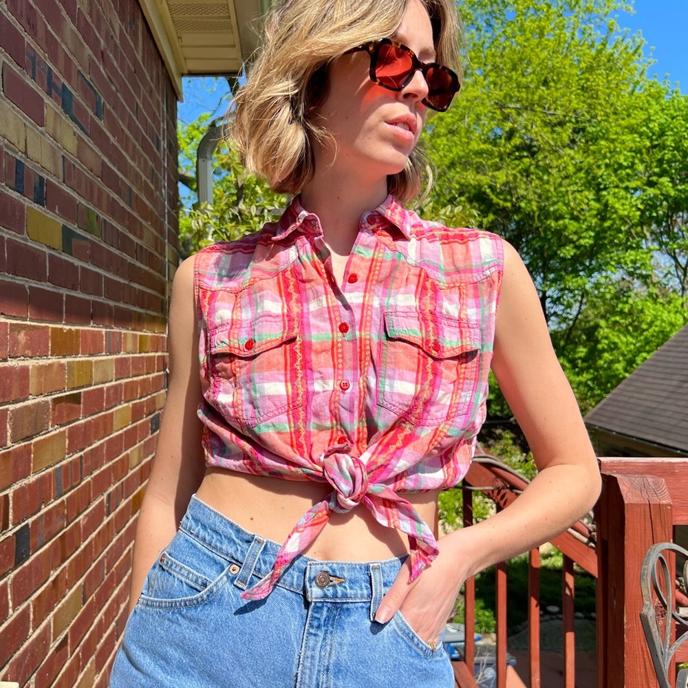 Vintage Pink Plaid Cropped Tie Top